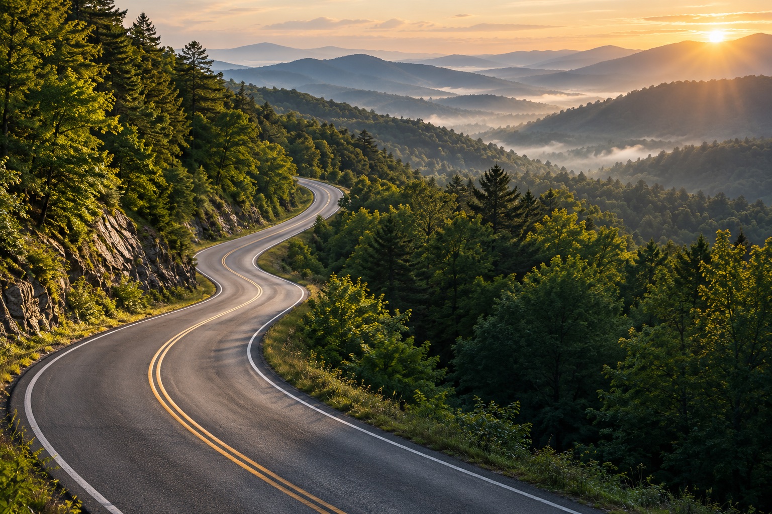 Illustrative winding road through a sunlit mountain forest